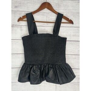 T.C.E.C. Black Faux Leather Smocked Peplum Top W/straps And Ruffle Sz L EUC